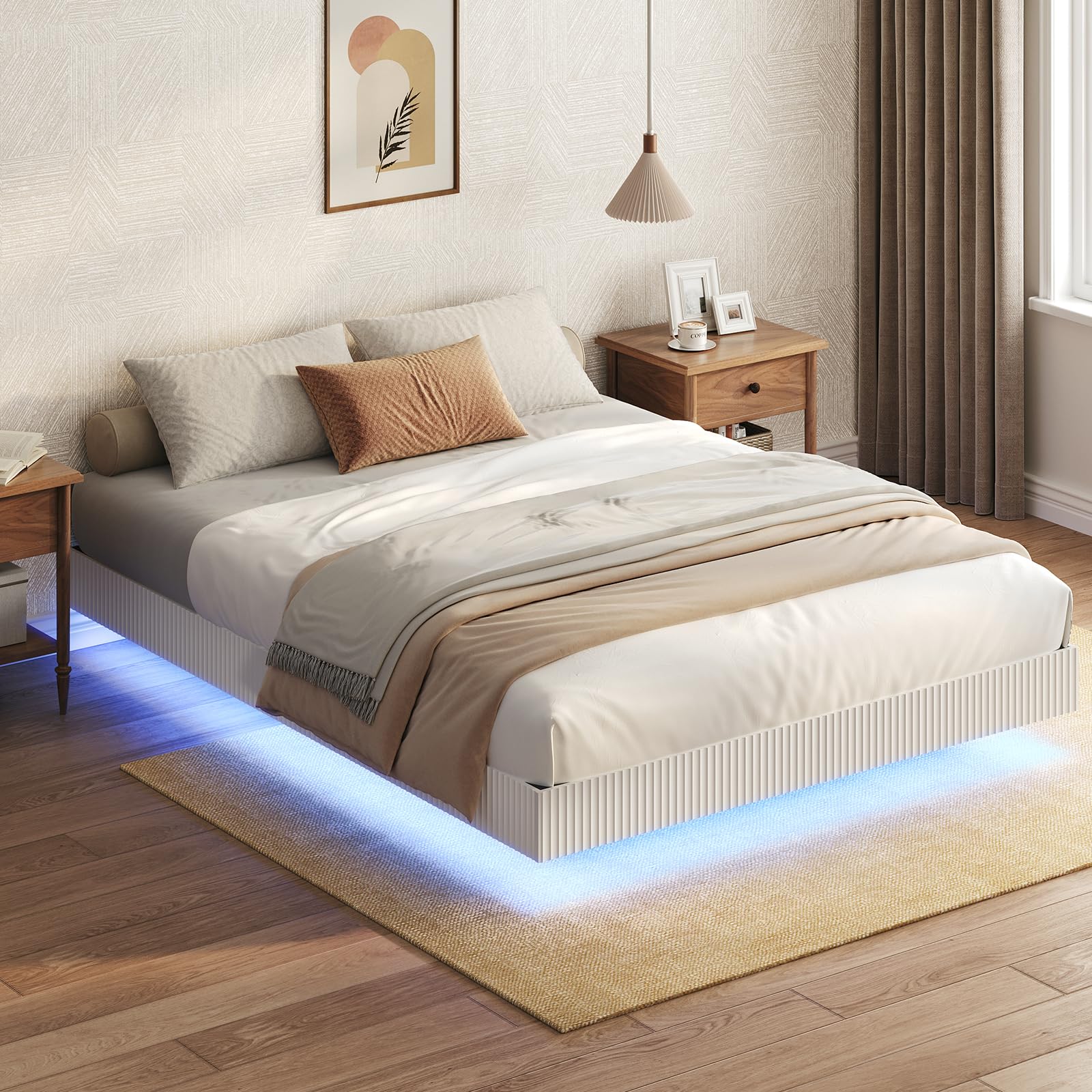 Floating Bed Frame Full Size, Led Bed Frame with Fluted Wavy Panel Design