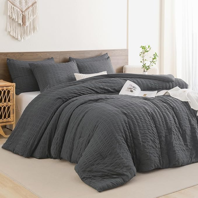 King Size Comforter Set White, 3 Pieces Seersucker Bedding Comforter Sets