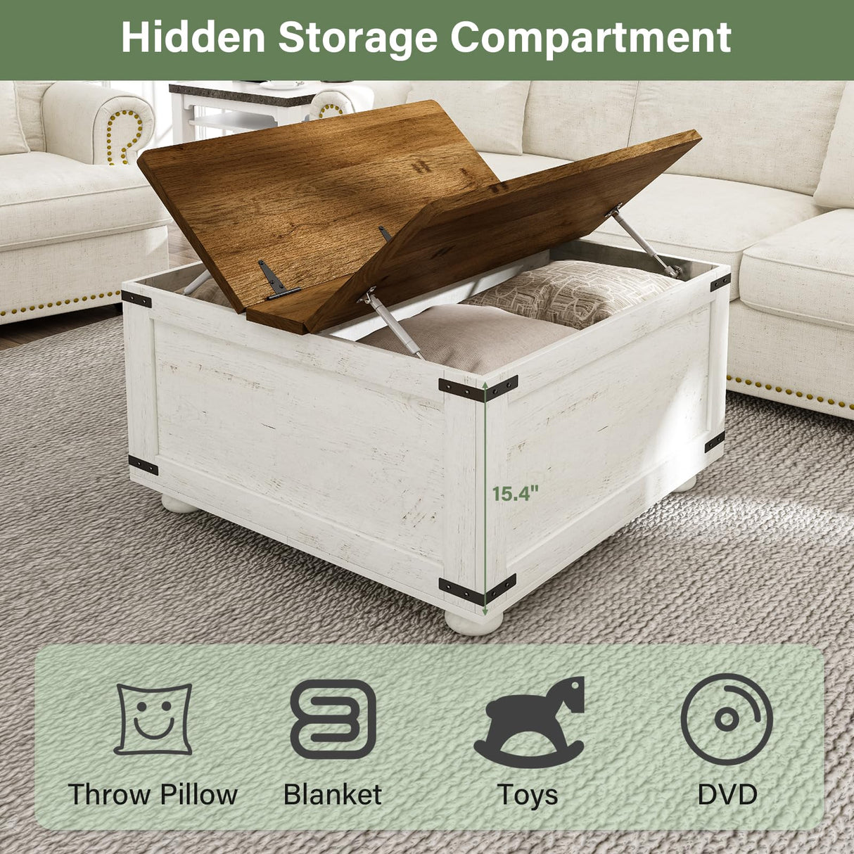 Farmhouse Coffee Table with Hydraulic Gas Rod, White Square Coffee Table