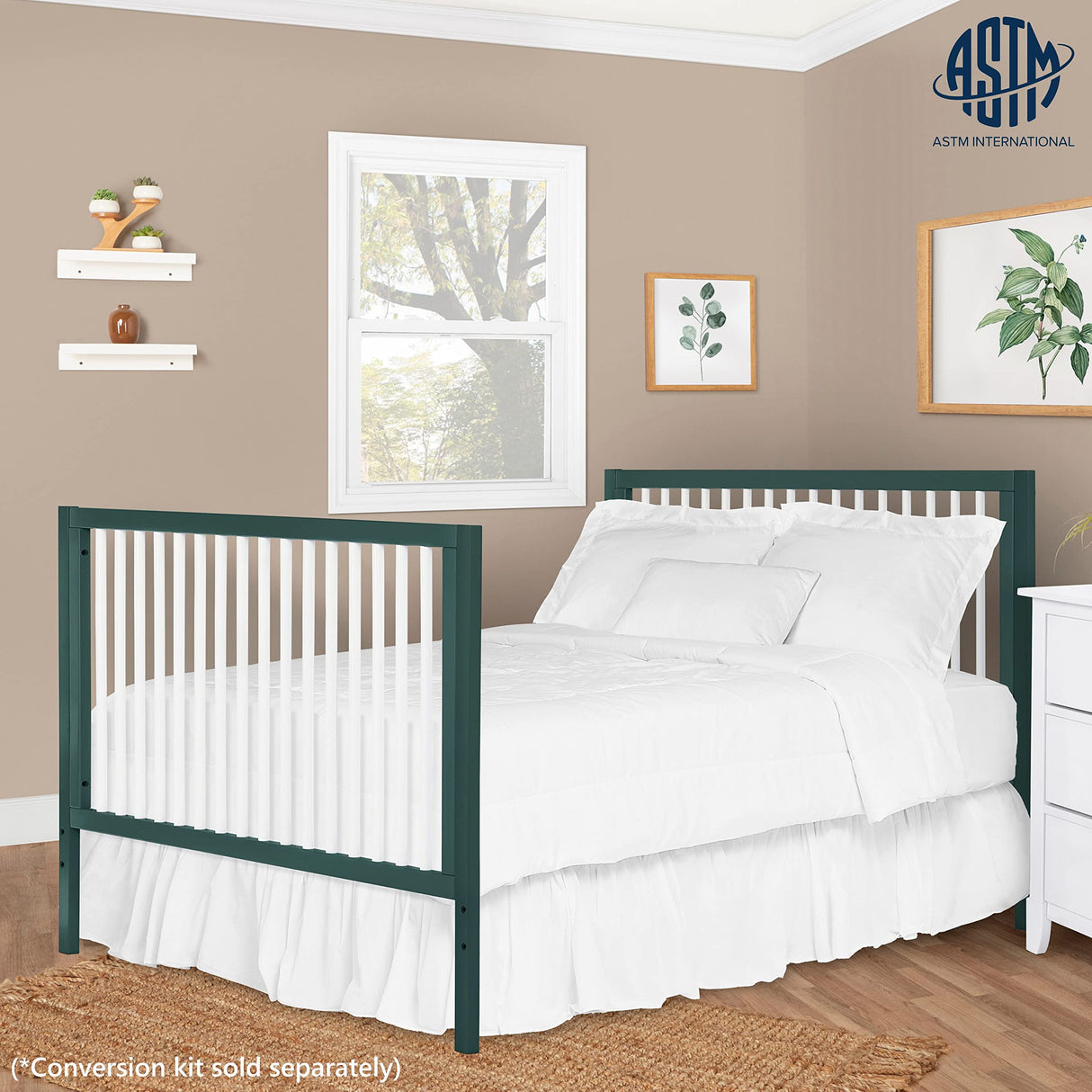 On Me Carter 5-in-1 Full Size Convertible Crib / 3 Mattress Height Settings/JPMA Certified/Made of New Zealand Pinewood/Sturdy Crib Design, Olive & White