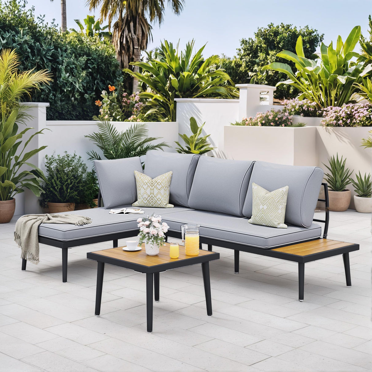 Outdoor Sectional Sofa Set L-Shaped Metal Patio Furniture with All-Weather Cushions