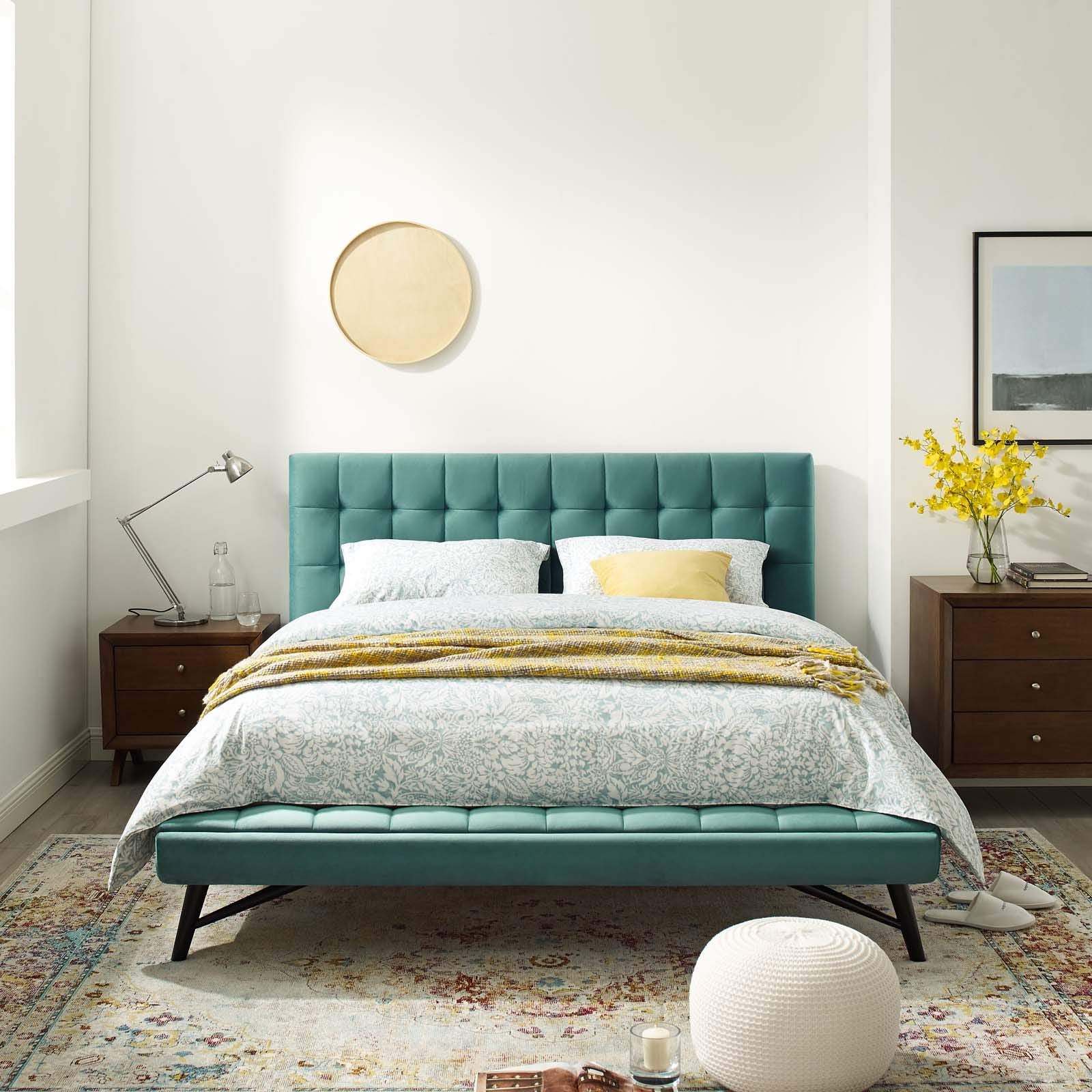 Biscuit Tufted Performance Velvet Queen Platform Bed in Teal