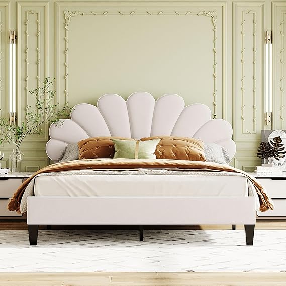 Velvet Upholstered Platform Bed with Flower Pattern Headboard - Queen