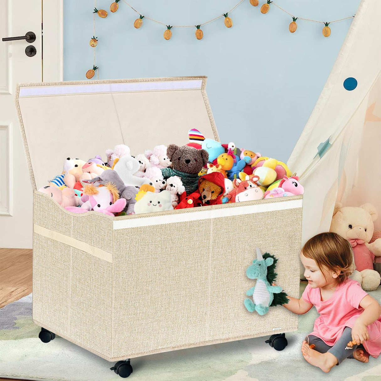 Large Kids Toy Box Storage Chest with 360°Wheels,Toy box with Lid for Boys, Girls