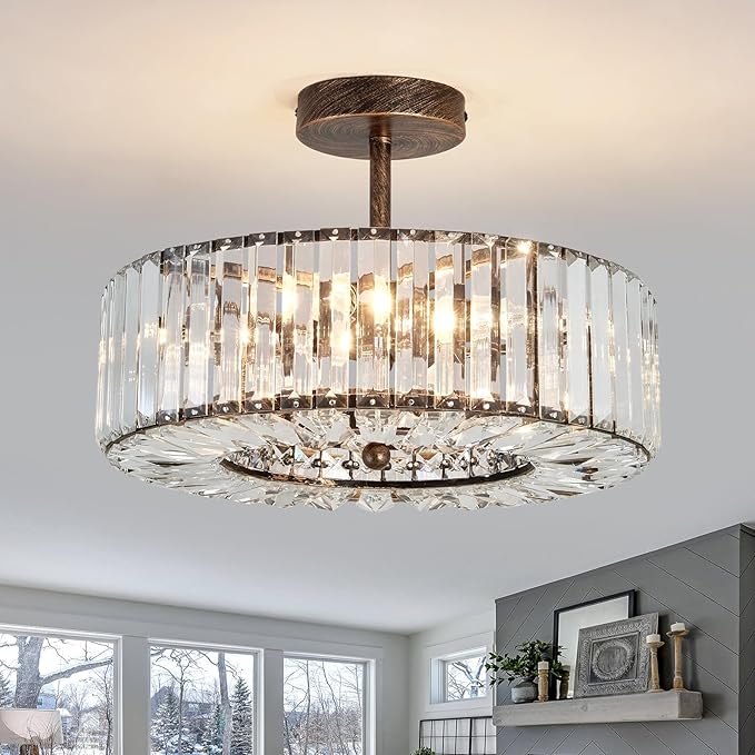 4 Lights Modern Crystal Chandelier Black Round Semi Flush Mount