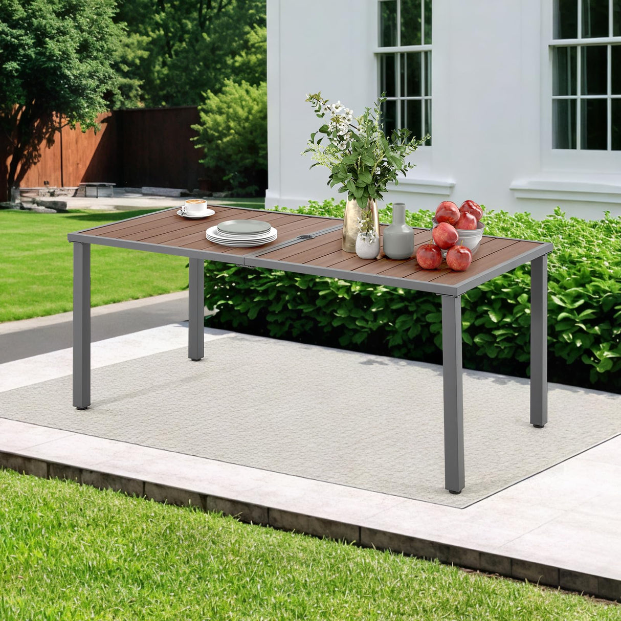 67x33 Inch Outdoor Dining Table for 6 with Umbrella Hole - Weather Resistant Metal Patio Table