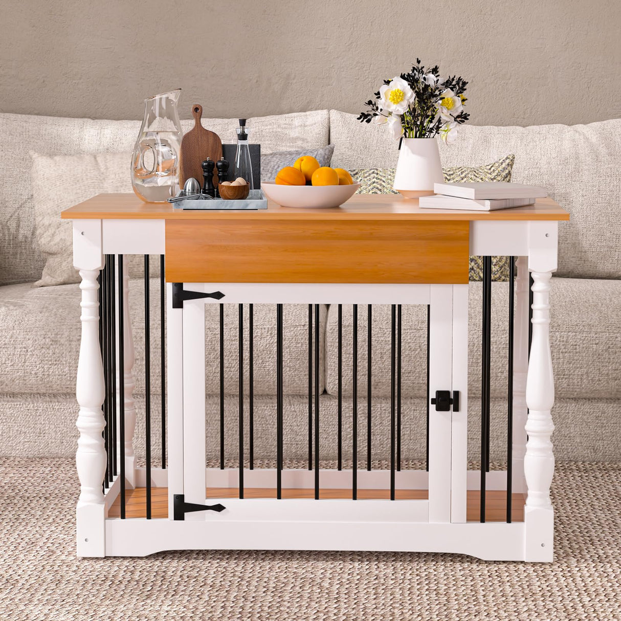 White Solid Wood Dog Crate for Small and Medium Dogs - Roman Column Shaped Kennel