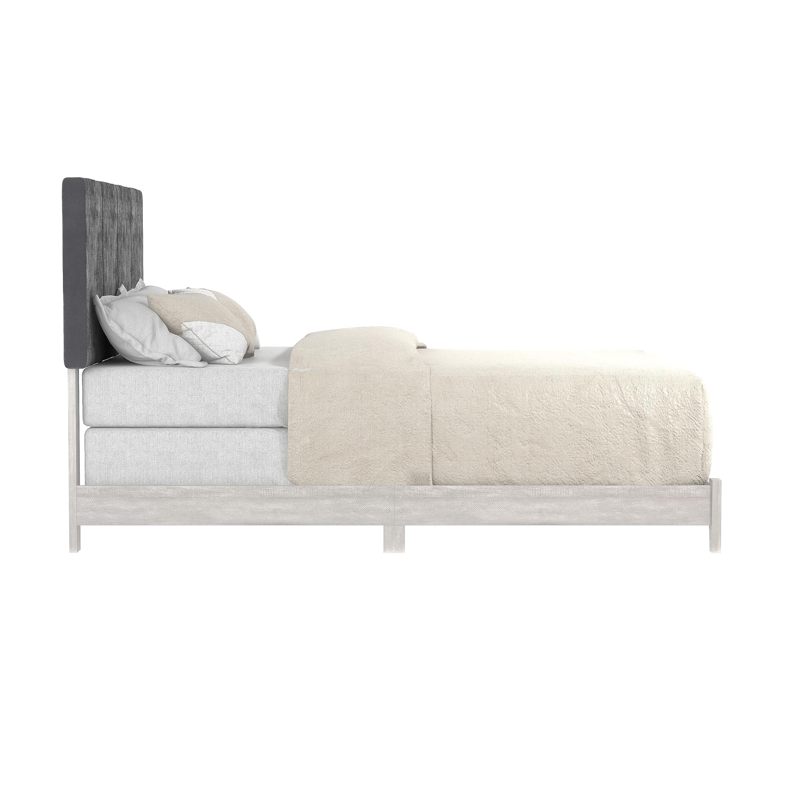 Wood Queen Bed Frame with Velvet Headboard, Wood Slat Support