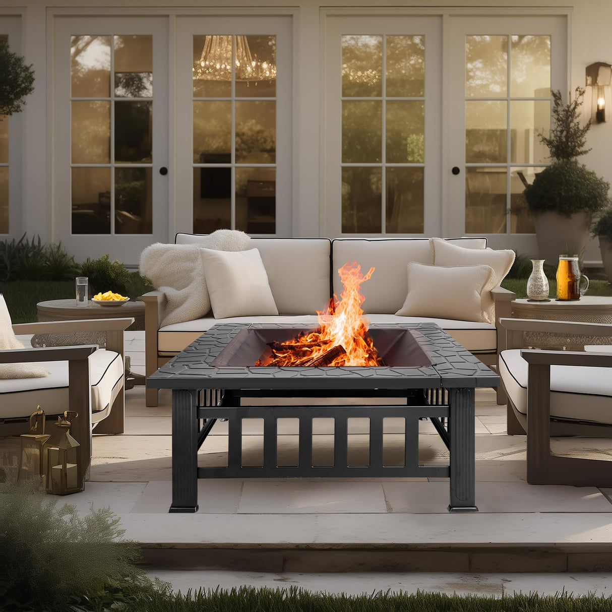 F2C 32 inch Outdoor Fire Pit Square Fireplace Metal Wood Burning Stove w/Waterproof Cover Poker, Patio Backyard Travel Camping BBQ Wood Burning - Bircata