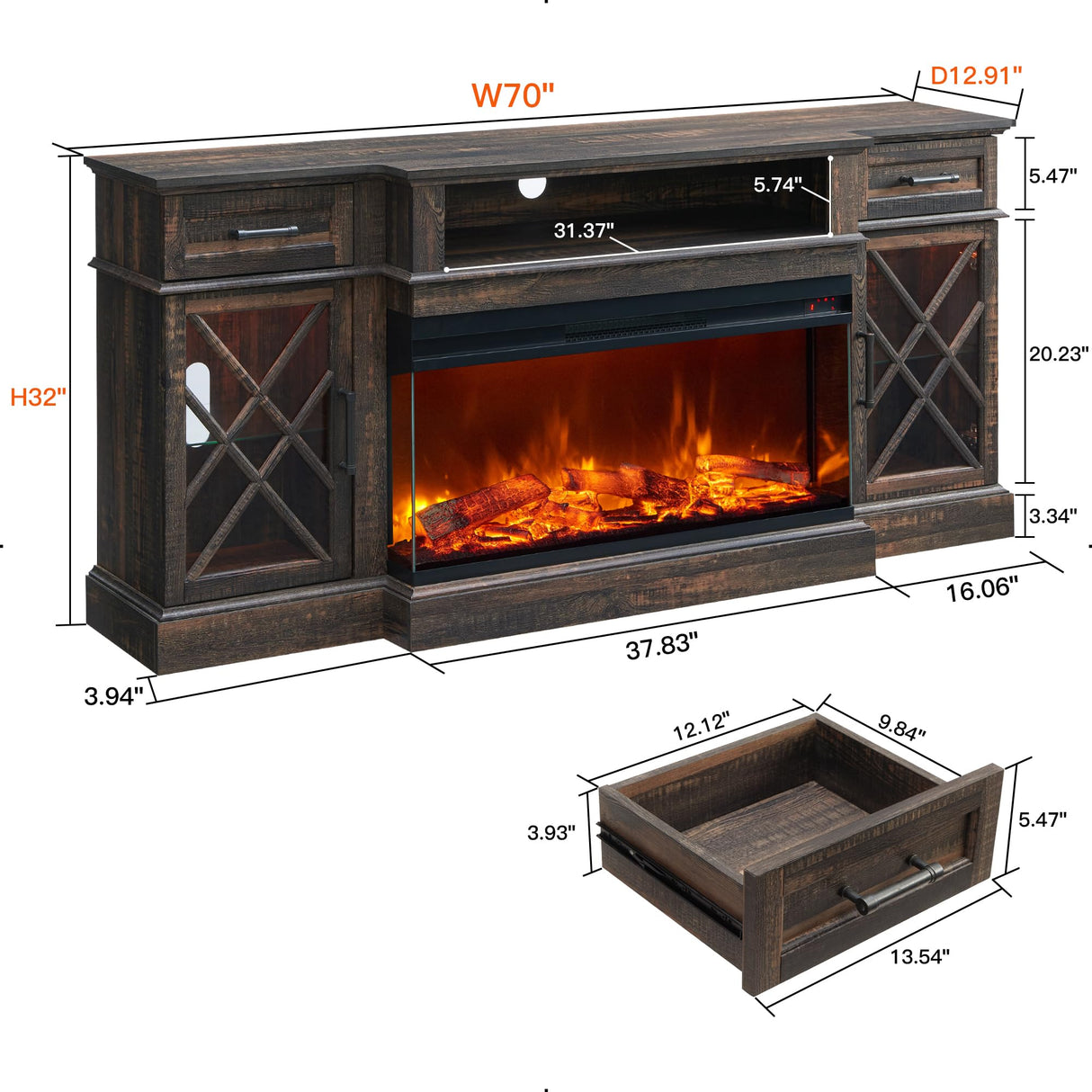 70'' TV Stand with 36'' Electric Fireplace, Media Entertainment Center for TVs Up to 80'',