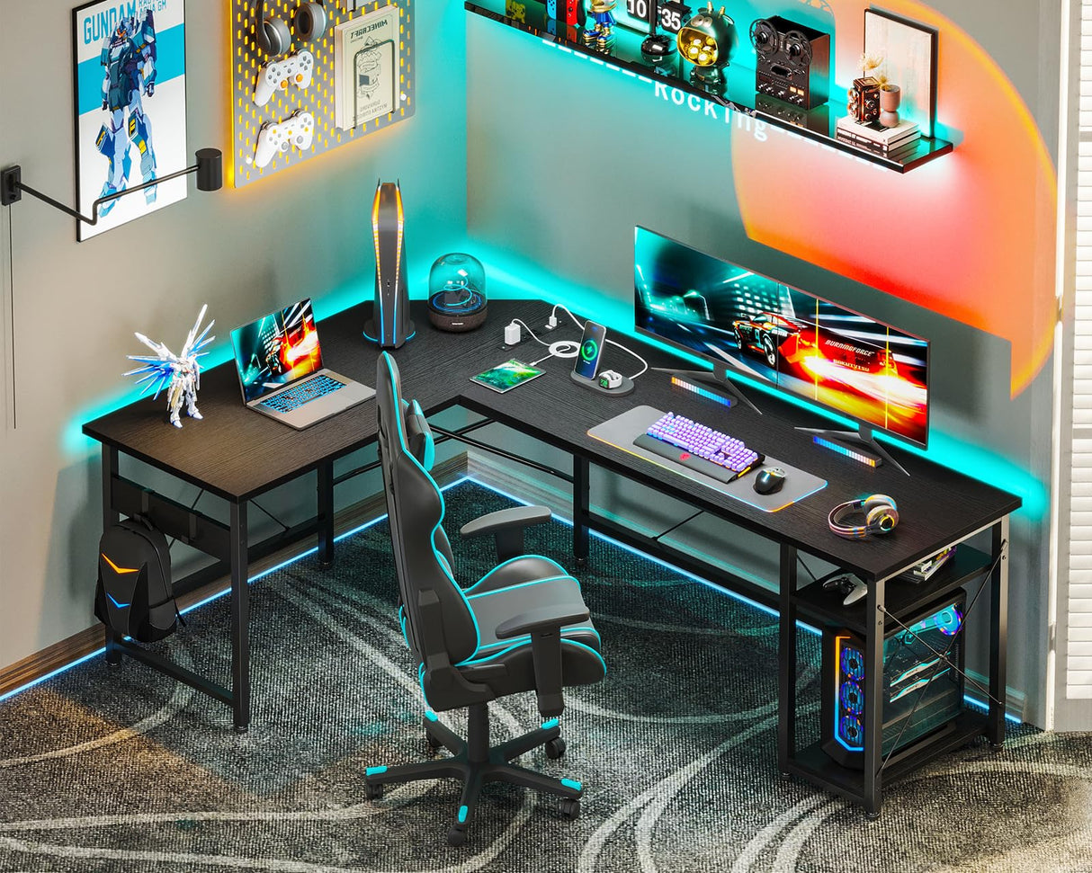 L Shaped Computer Desk 66" with Power Outlet & Storage Shelves