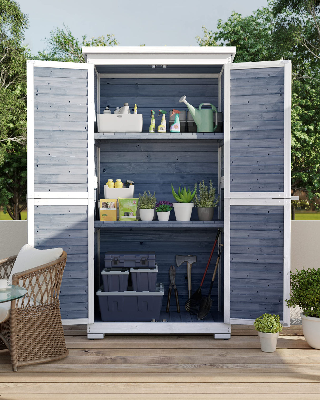 Outdoor Storage Cabinet with 3 Shelves, Double Lockable Wooden Garden Shed