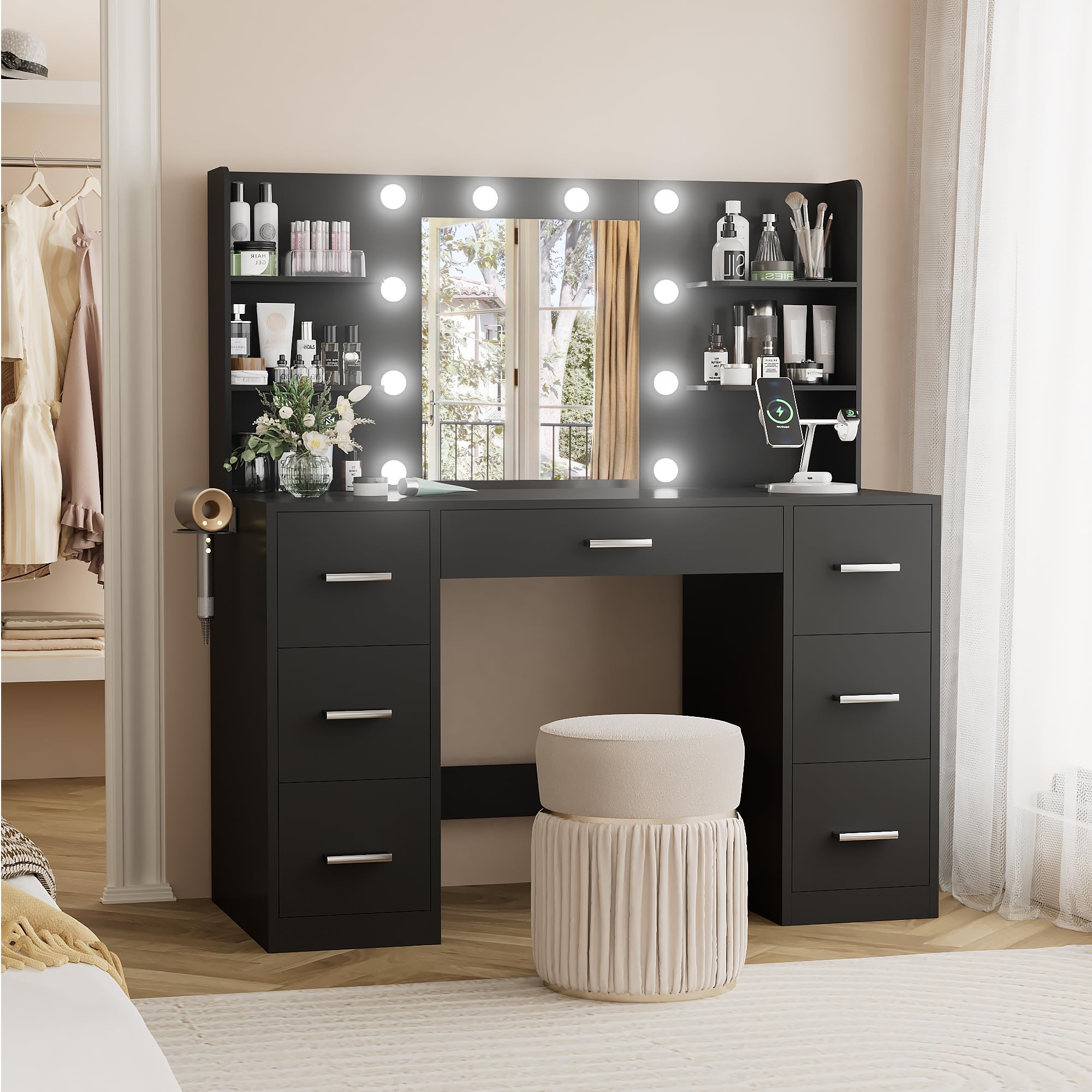 Desk with Mirror, Power Outlet and 10 Lights, Makeup Table with 7 Drawers, 3 Color Modes Available for Bedroom, Dark Black