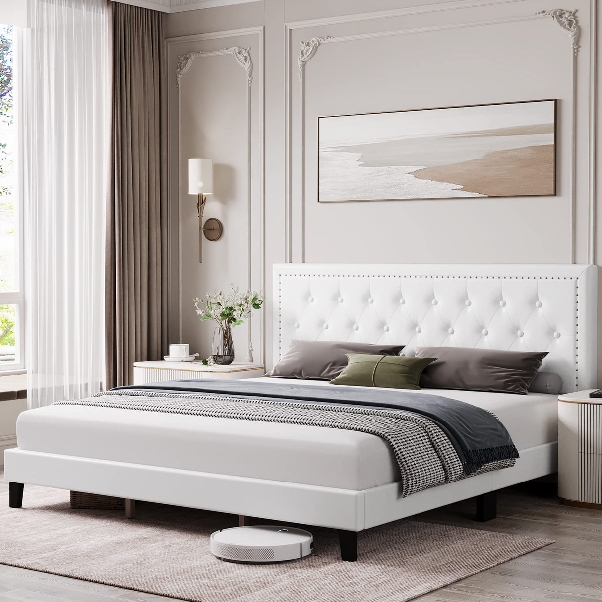 Full Size Bed Frame with Tufted Faux Leather Headboard