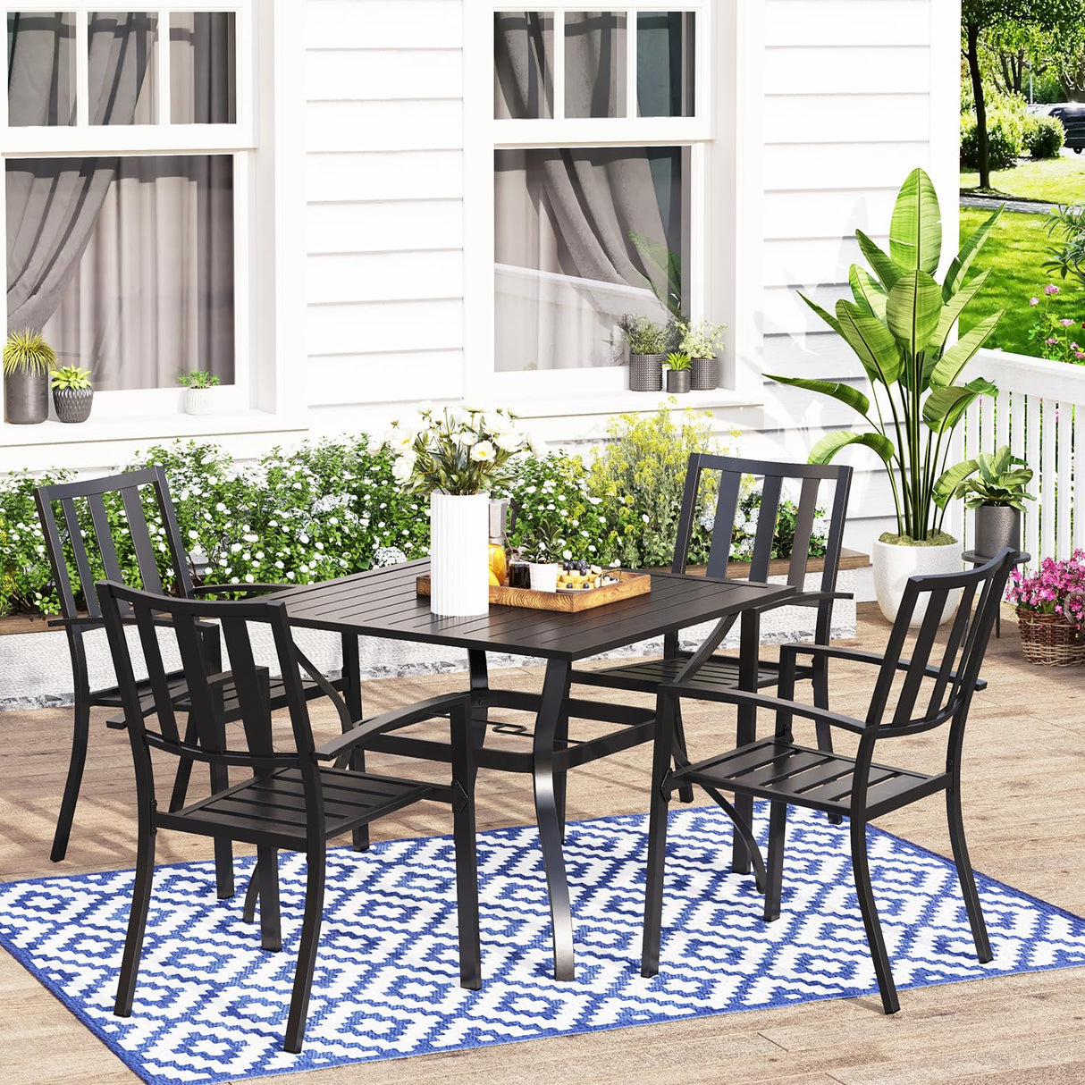 5 Piece Metal Patio Dining Set 37" Square Patio Bistro Table and Garden Backyard Chairs - Umbrella Hole 1.57"