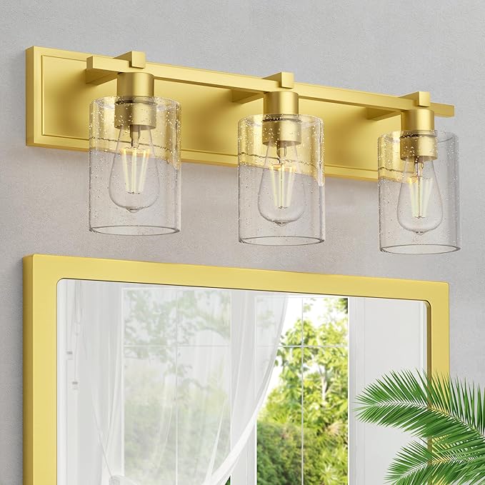 Bathroom Vanity Light, 3 Light Brushed Nickel Bathroom Light Fixture with Thickened Seeded Glass