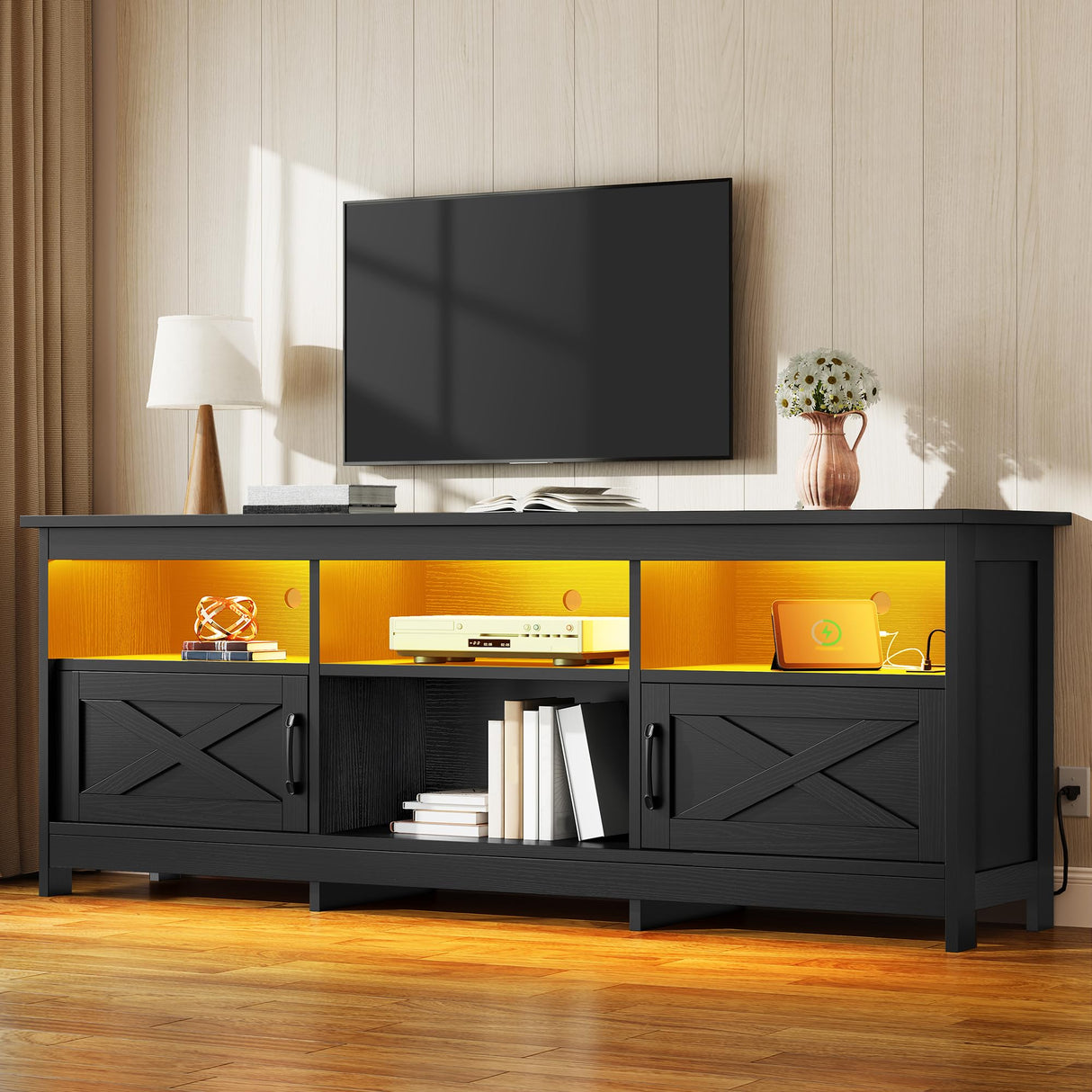 TV Stand for 80/75/70 Inch TVs with LED Lights, Farmhouse Entertainment Center