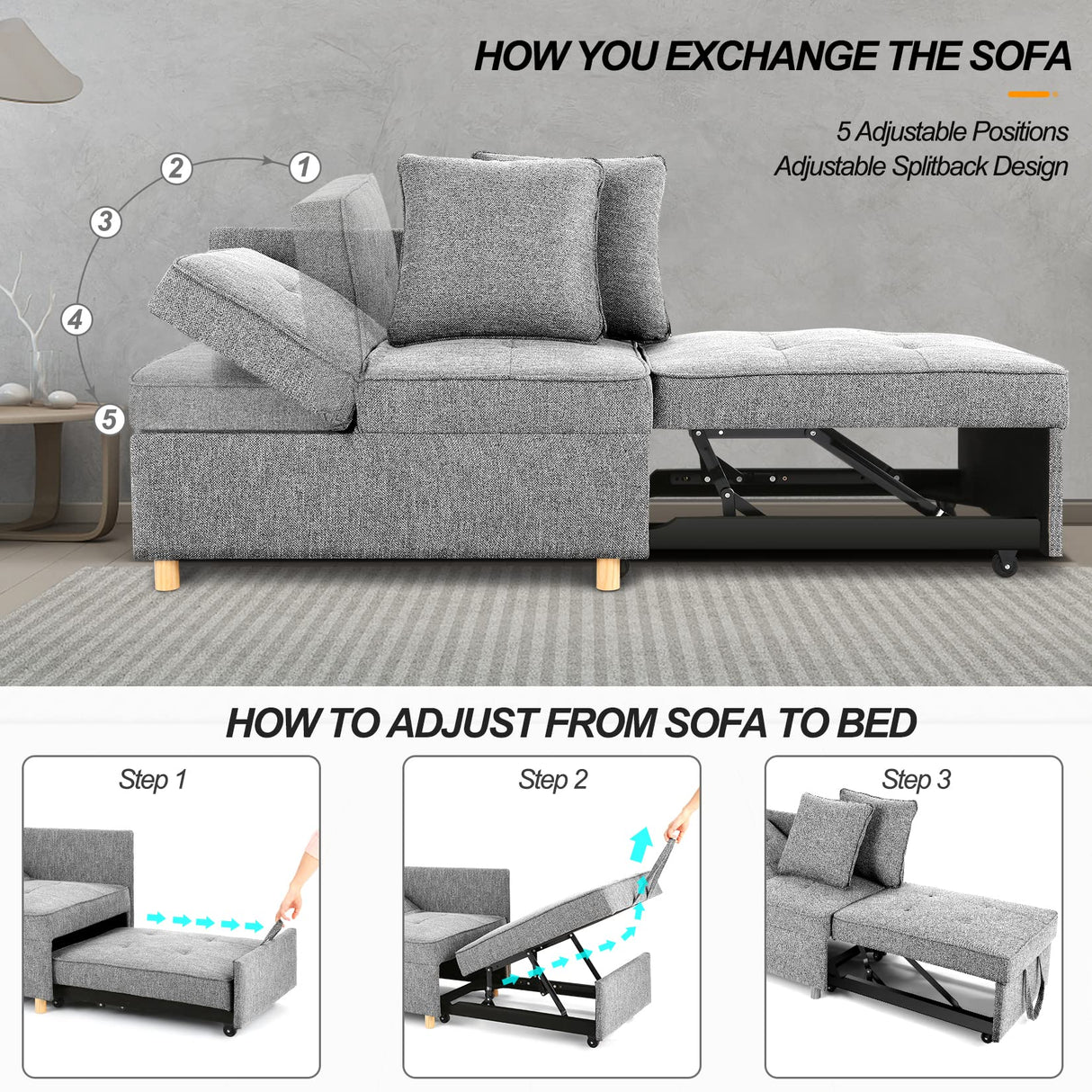 Sofa Bed 4-in-1 Convertible Sofas & Couches, 3-Seat Linen Fabric loveseat Sofa