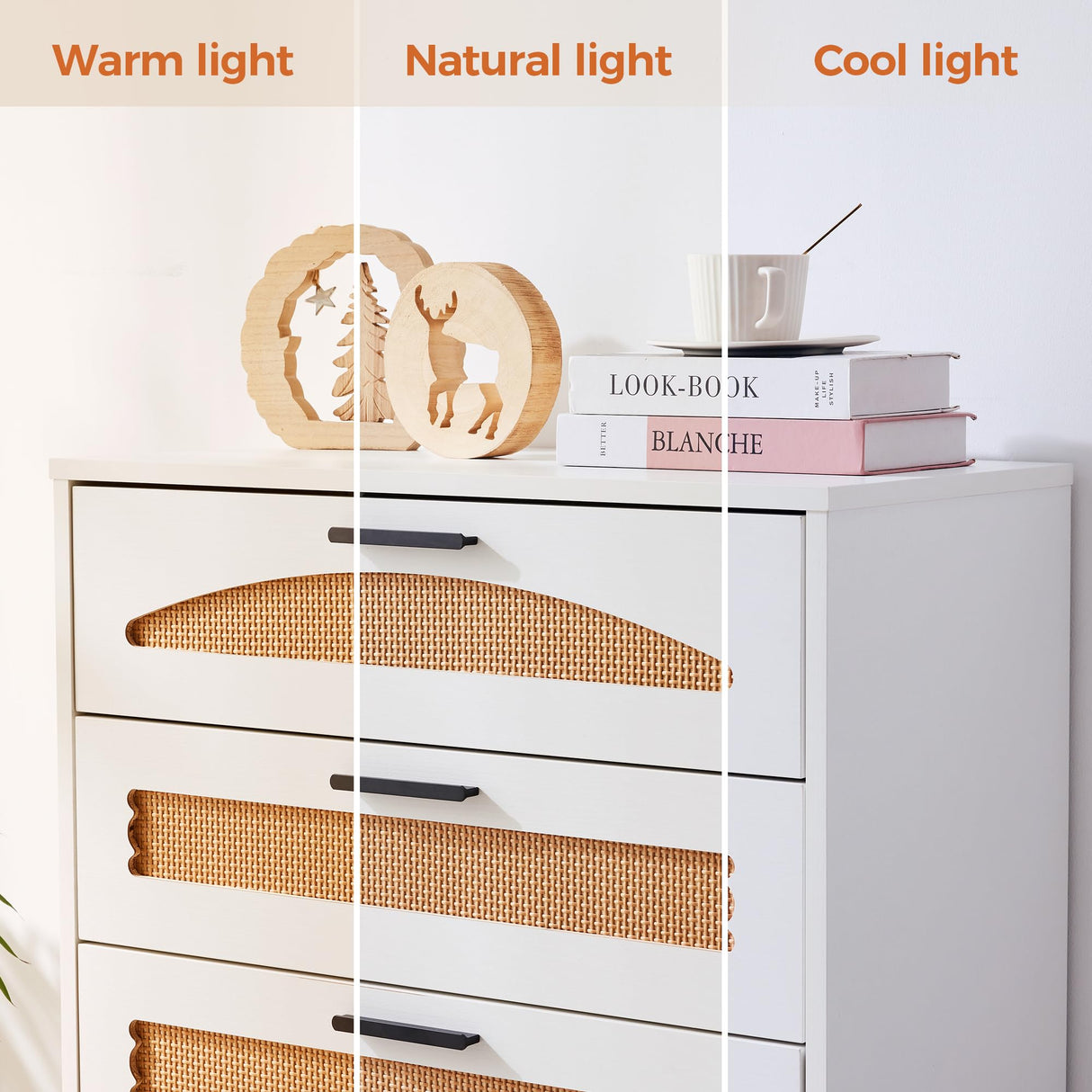 Mericonia 4/5 Drawer Rattan Dresser for Bedroom, Wooden Chest of Dressers, Modern Dresser Chest with Golden Handles for Bedroom,Living Room, Hallway and Entryway