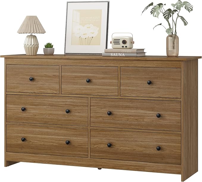 7 Drawer Dresser for Bedroom, 55 Inch White Wooden Large Dresser