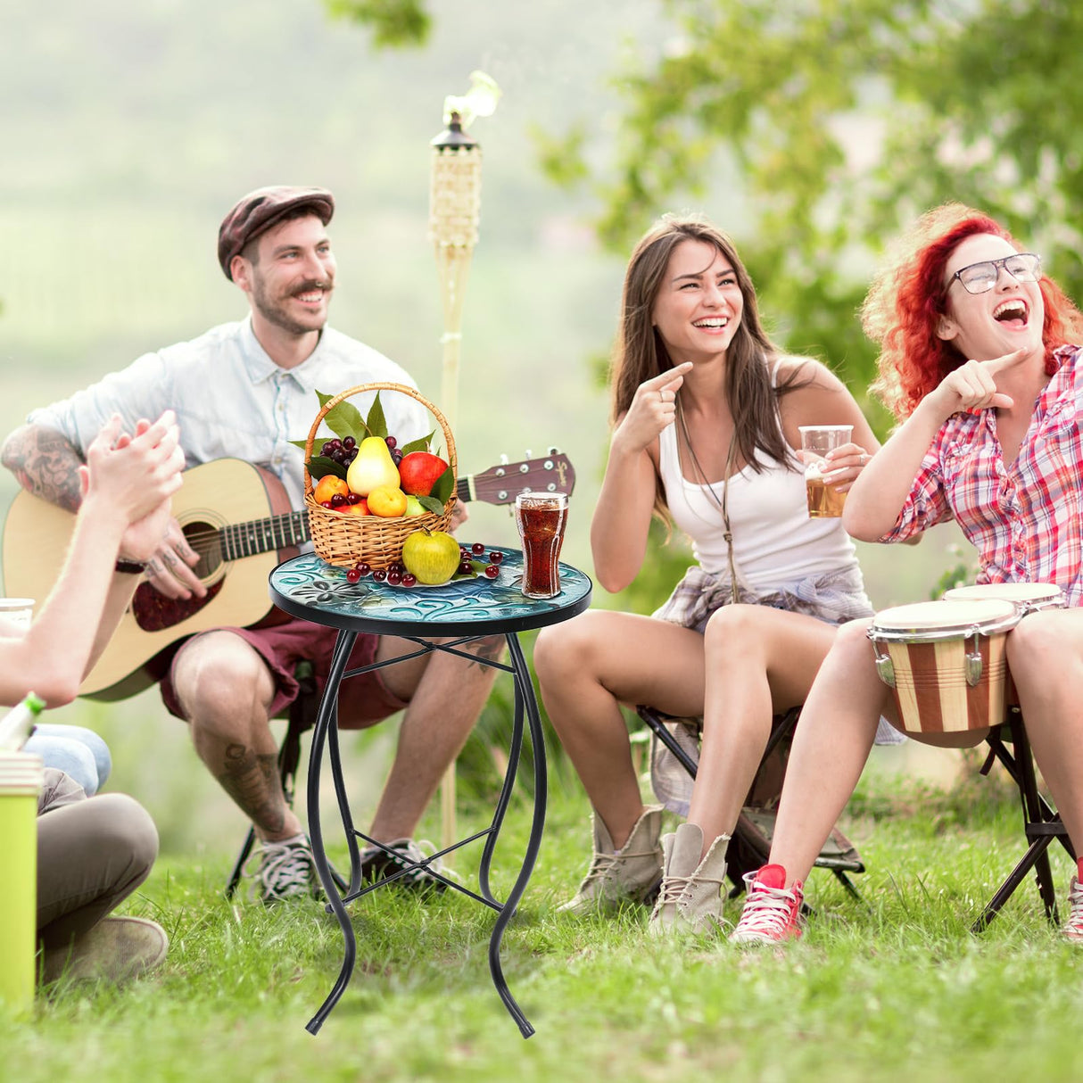 VCUTEKA Patio Side Table Outdoor Accent Table Small Mosaic Table Coffee Table End Table Porch Table Indoor Outdoor Round Glass Balcony Bistro Plant Stands Blue Transparent Turtle 14 inches - Bircata