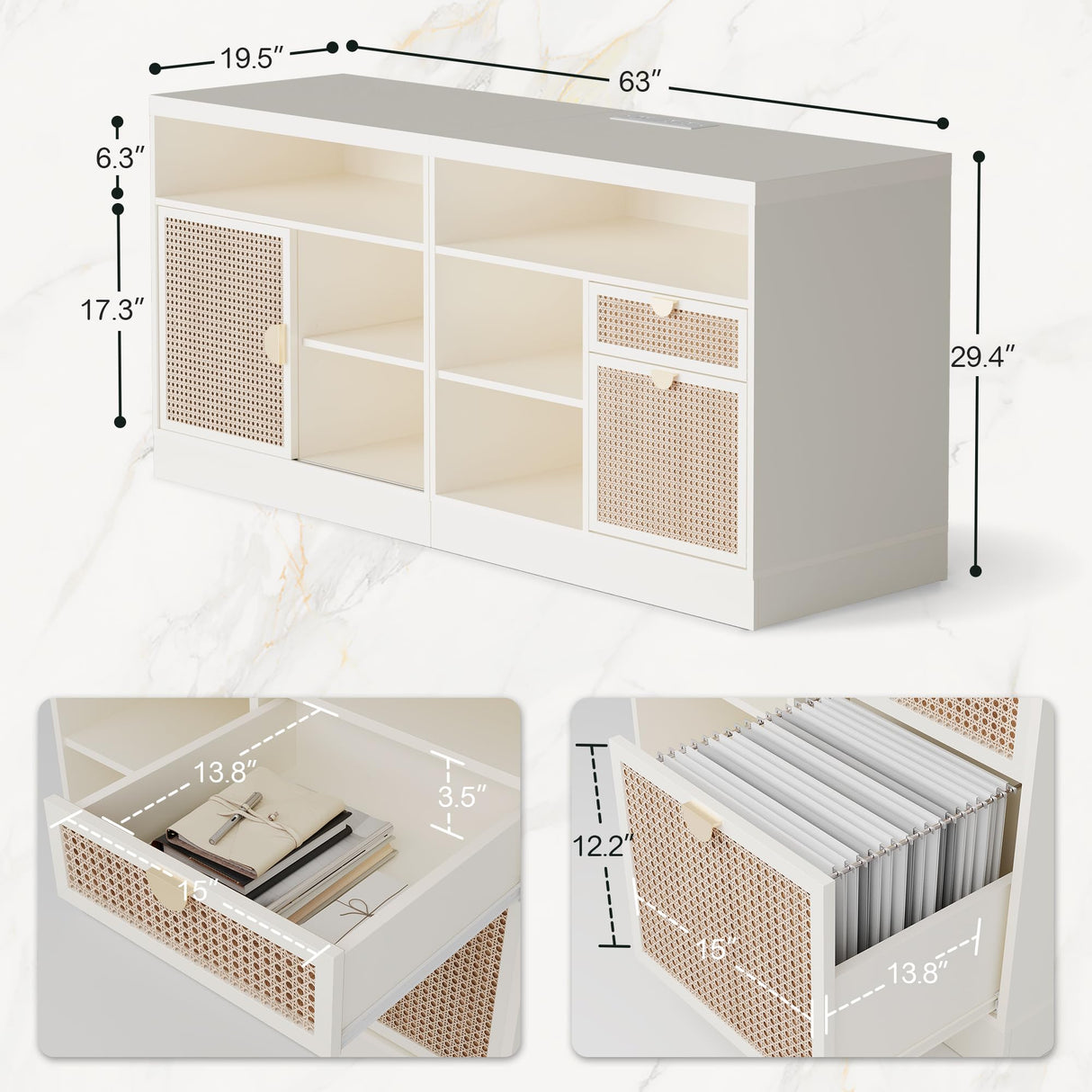ModernMate Rattan Lateral File Cabinet, Filing Cabinet for Home Office with Adjustable Storage Shelves, 63inches Office Credenza, White Rattan