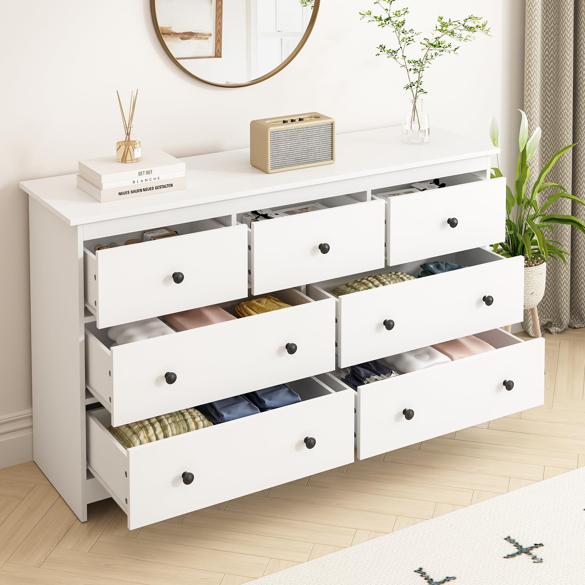 7 Drawer Dresser for Bedroom, 55 Inch White Wooden Large Dresser