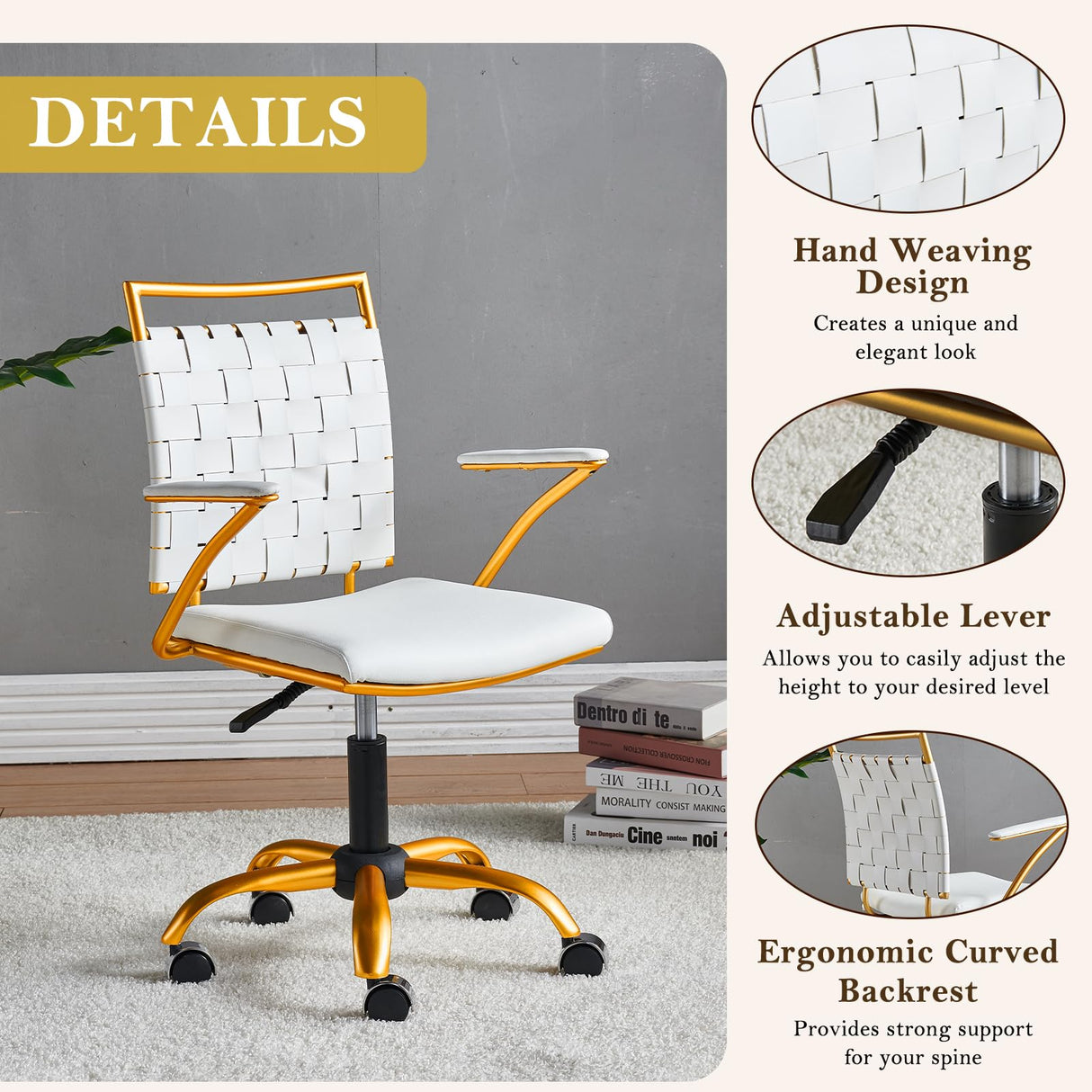Gold Accent Office Chair with Wheels - White Adjustable Swivel Desk Chair