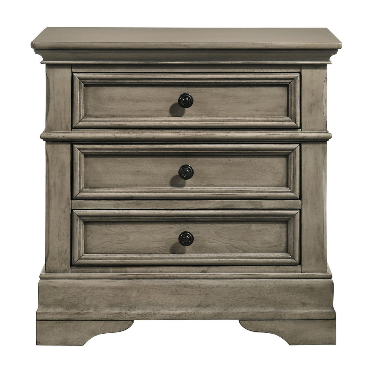 26 Inch 3 Drawer Nightstand, Felt Lined, Crown Molded, Wheat Wood, Brown, Gray and Bronze