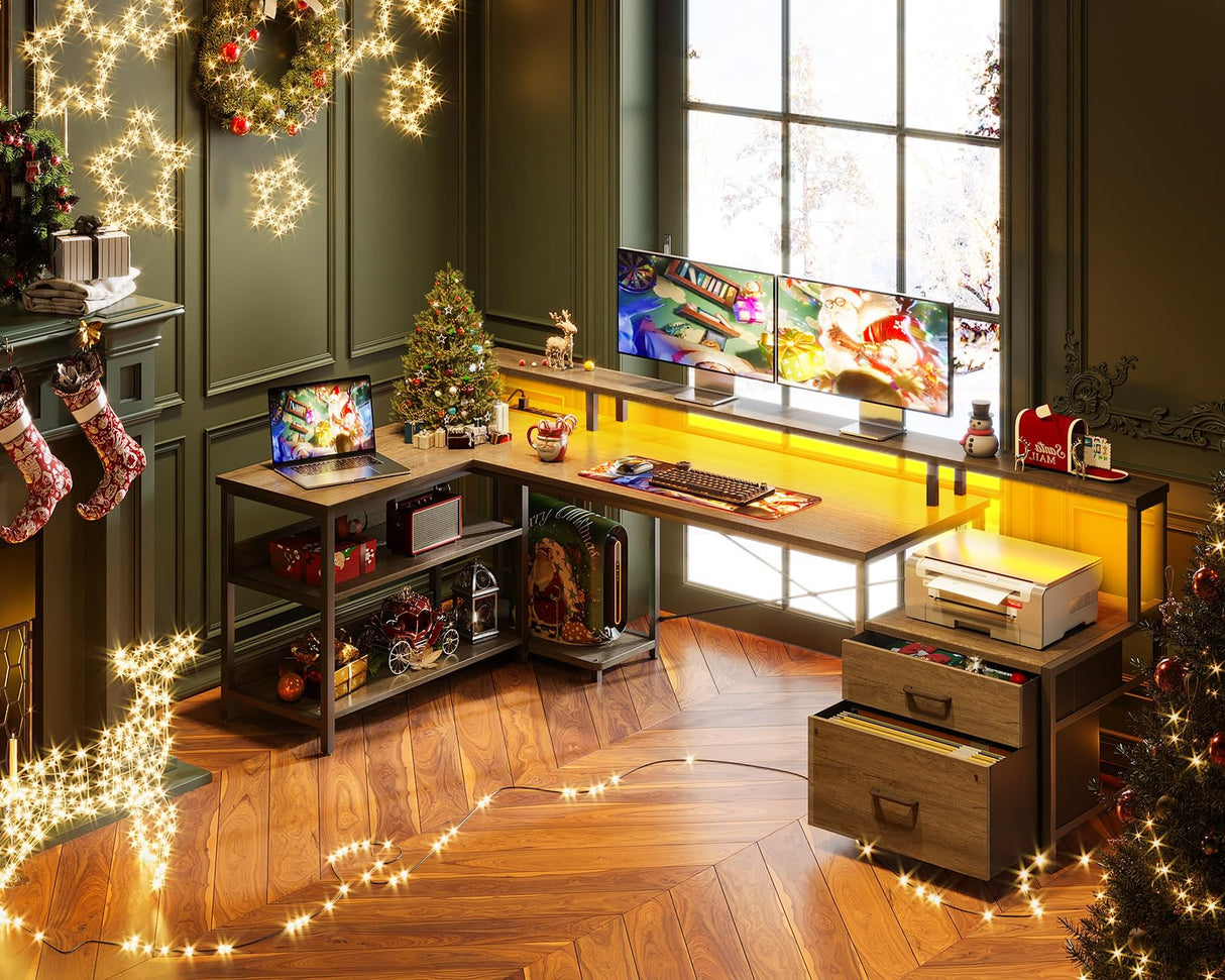 ODK L Shaped Desk with File Drawer, 75" Reversible L Shaped Computer Desk with Power Outlet & LED Strip, Office Desk with Storage Shelves, Gaming Desk with Monitor Shelf, Corner Desk, Grey Oak