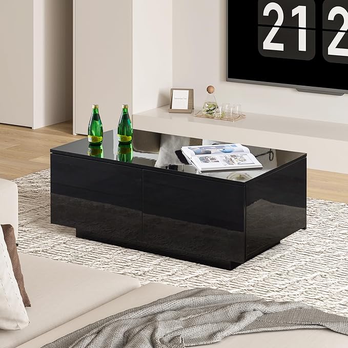LED Coffee Table with 4 Drawers, High-Glossy Modern Coffee Table with LED Light