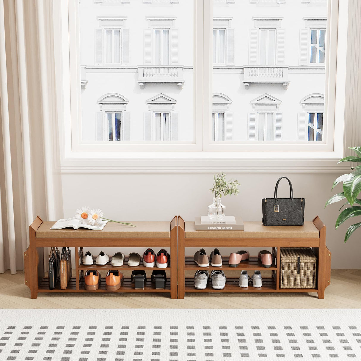 Bamboo Shoe Rack Bench with Removable Cushion