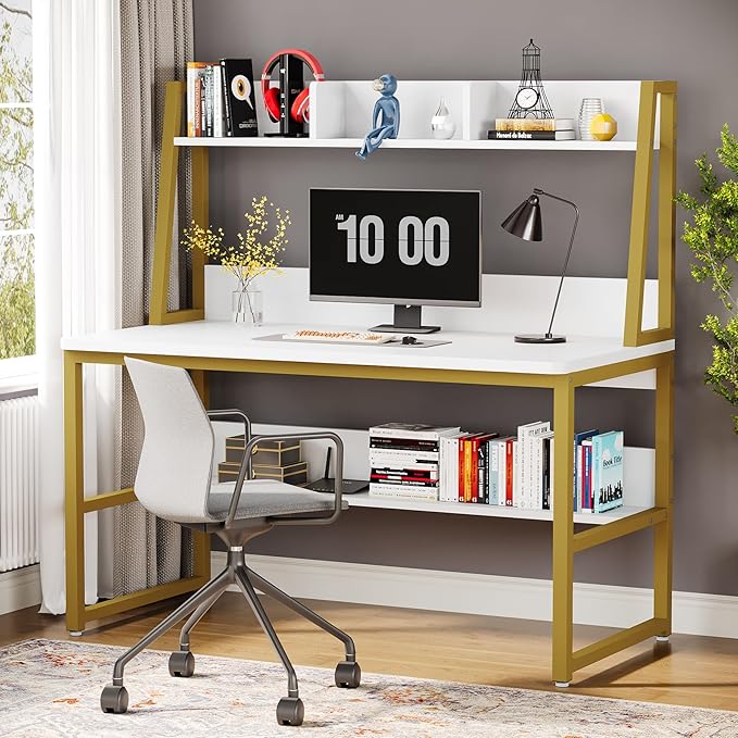 Computer Desk with Hutch, 47 inches Home Office Desk with Space Saving Design with Bookshelf for Small Spaces