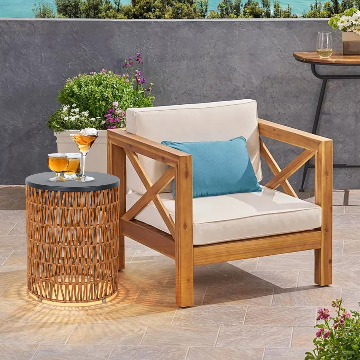Outdoor Side End Table with Dimmable Light Remote Control