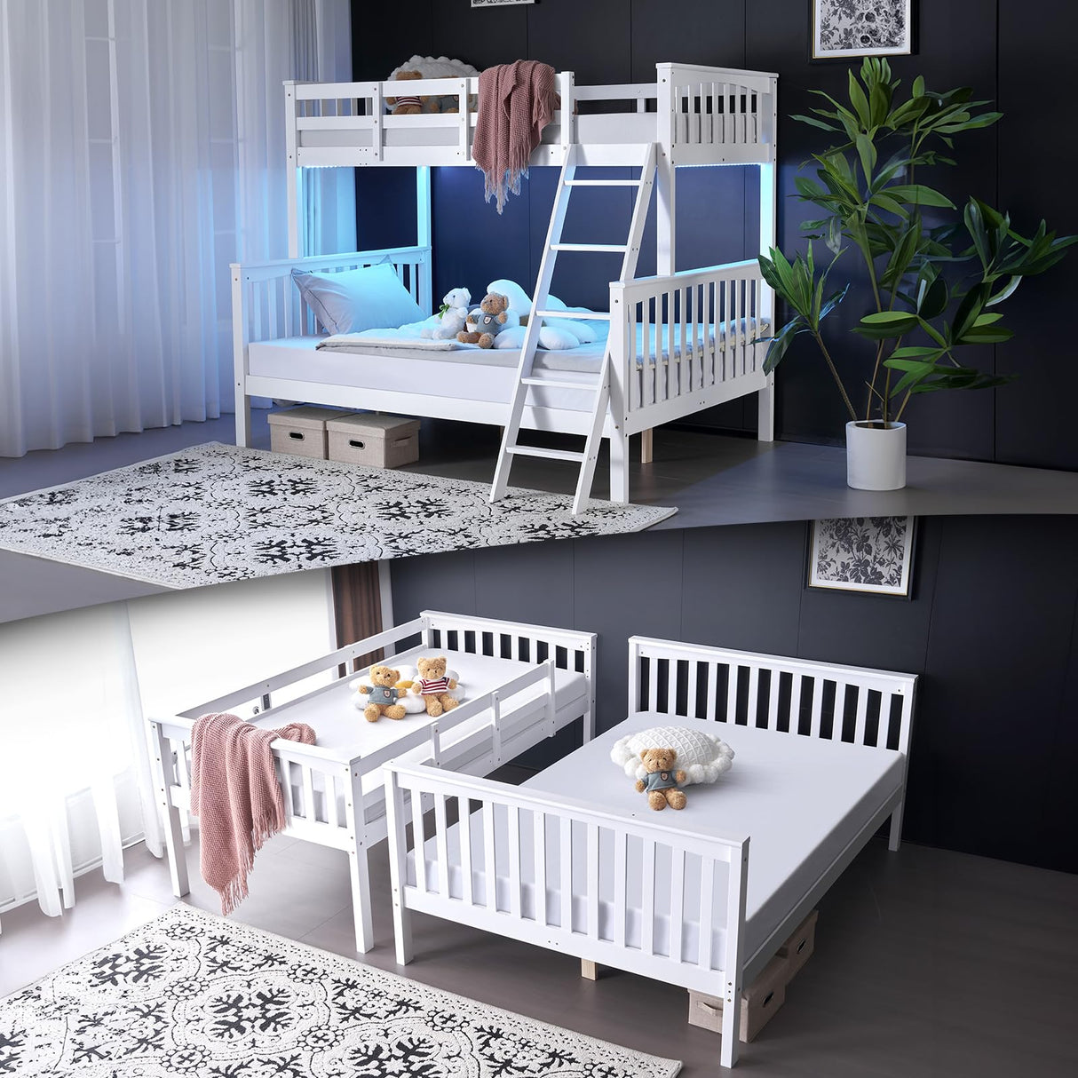 Bunk Bed Twin Over Full Size with LED Light/USB Port