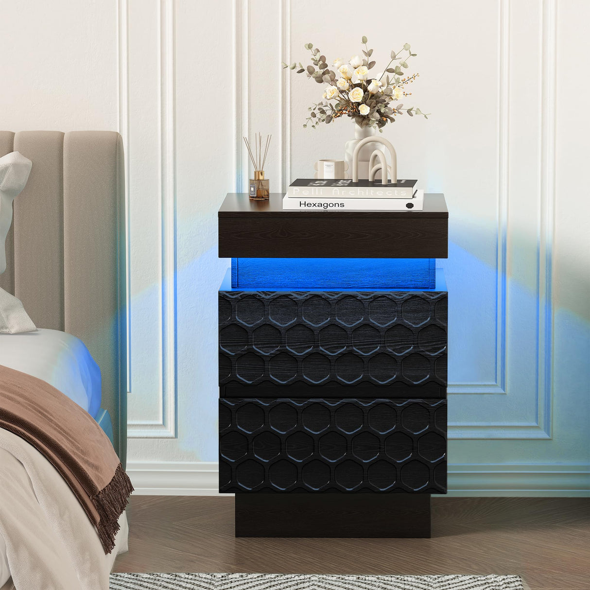 Black Led Nightstand with Charging Station, Night Stand with Drawers and Light