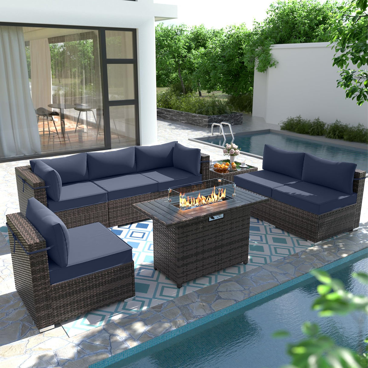 8 Piece Patio Furniture Set with 43" Fire Pit Table, Outdoor Sectional Sofa Set Heavy Duty