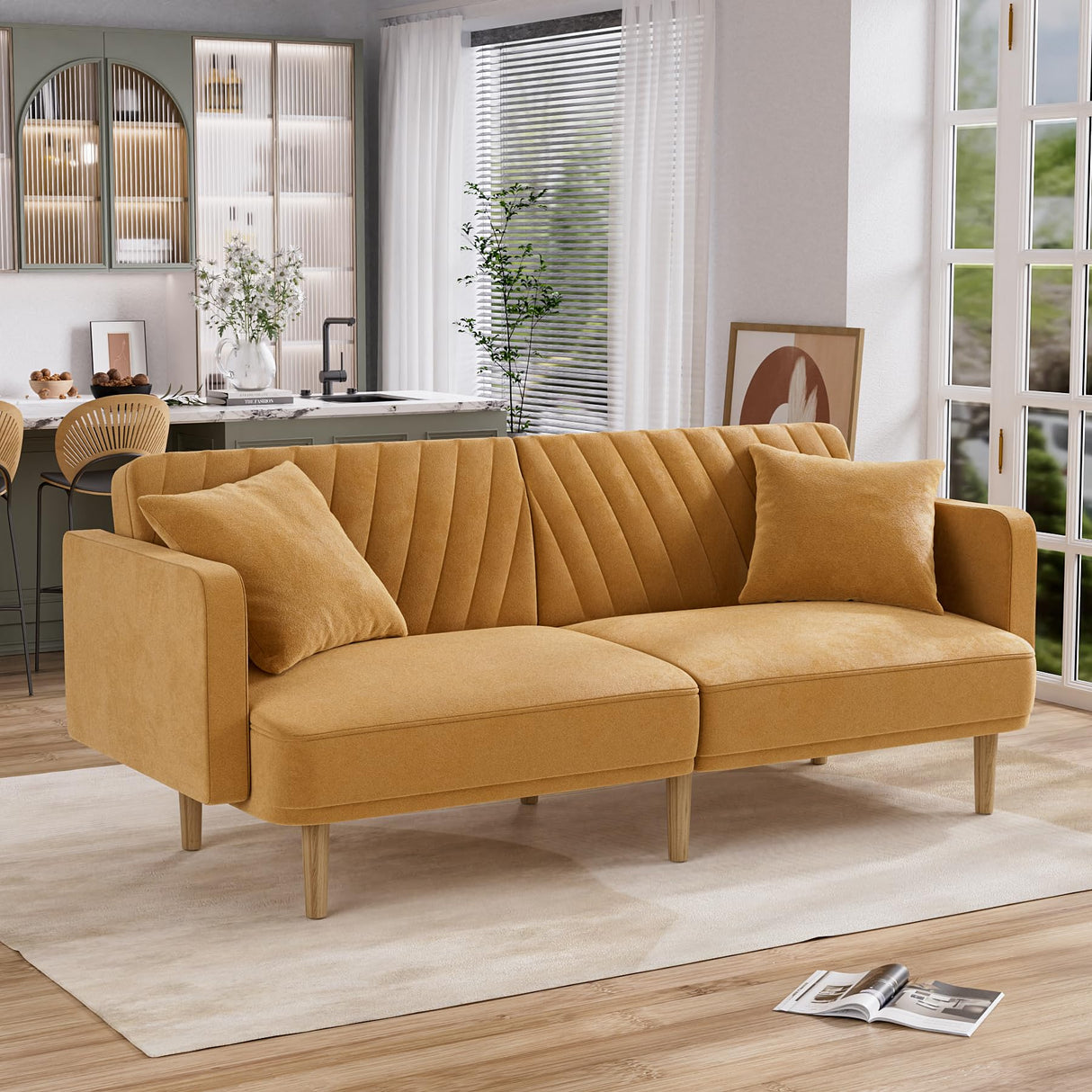 Futon Sofa Bed, Small Couch Mid Century Modern Loveseat with 2 Pillows, 75" W Convertible Futon