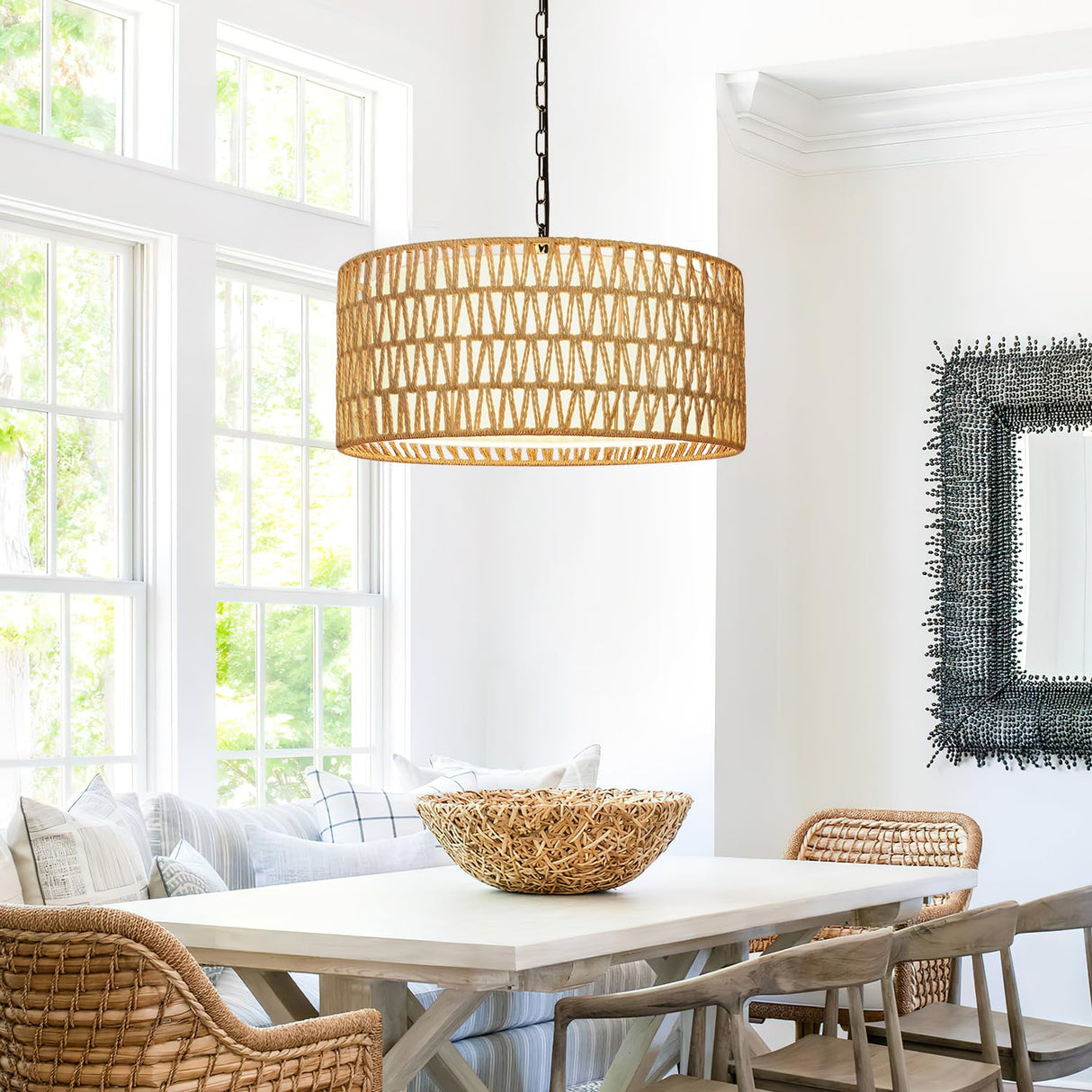 Farmhouse Chandeliers for Dining Room, Hand Woven 5-Light Rattan Pendant Light
