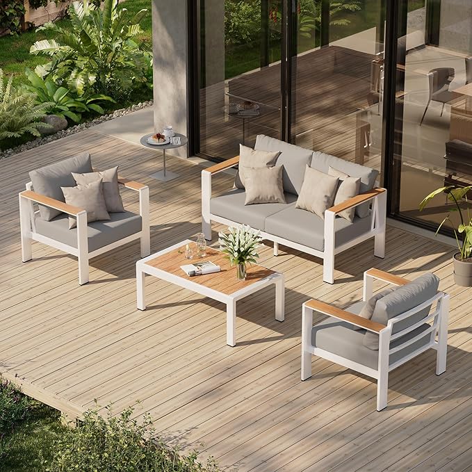 Aluminum Outdoor Patio Furniture Set with Coffee Table, 4 Piece Patio Conversation Sets