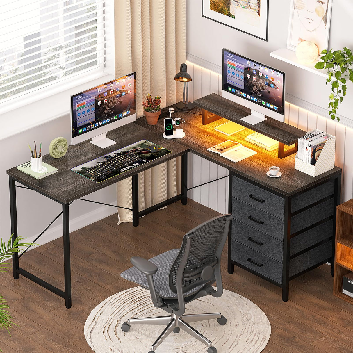 L Shaped Desk with Drawers & Power Outlets, Reversible Computer Desk with LED