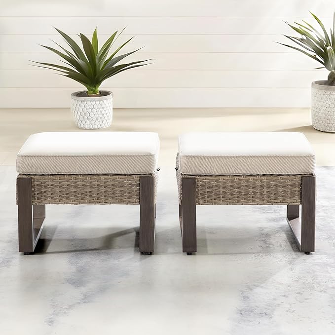 Outdoor Patio, All-Weather PE Rattan Ottomans Footstools