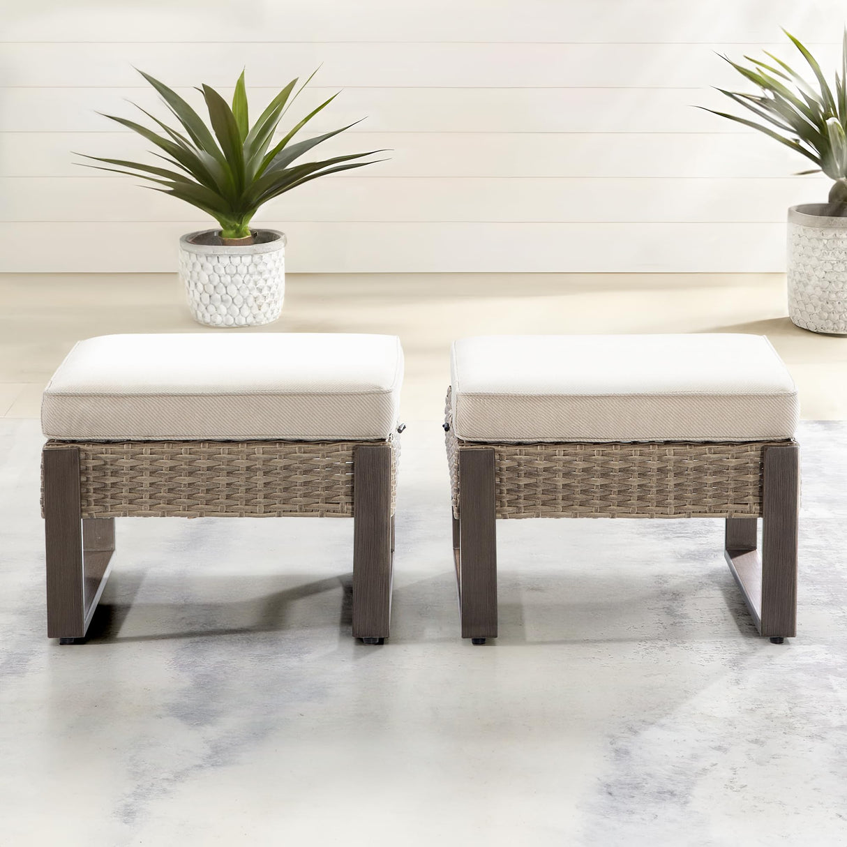 Outdoor Patio, All-Weather PE Rattan Ottomans Footstools