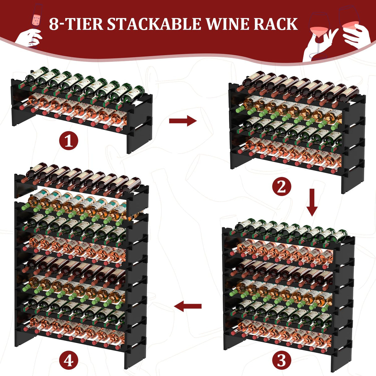 Wine Rack Freestanding Floor - 8 Tiers Wine Bottle Holder 72 Bottle Stackable Wine Rack