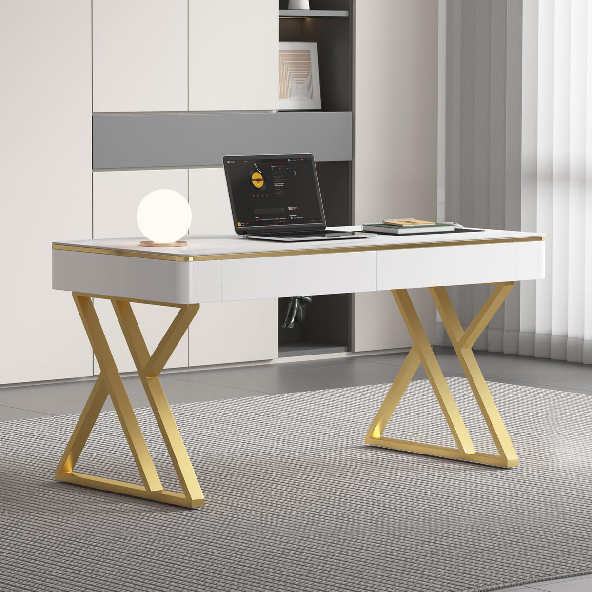 Modern Office Computer Desk with Tempered Glass Top & Marble Pattern