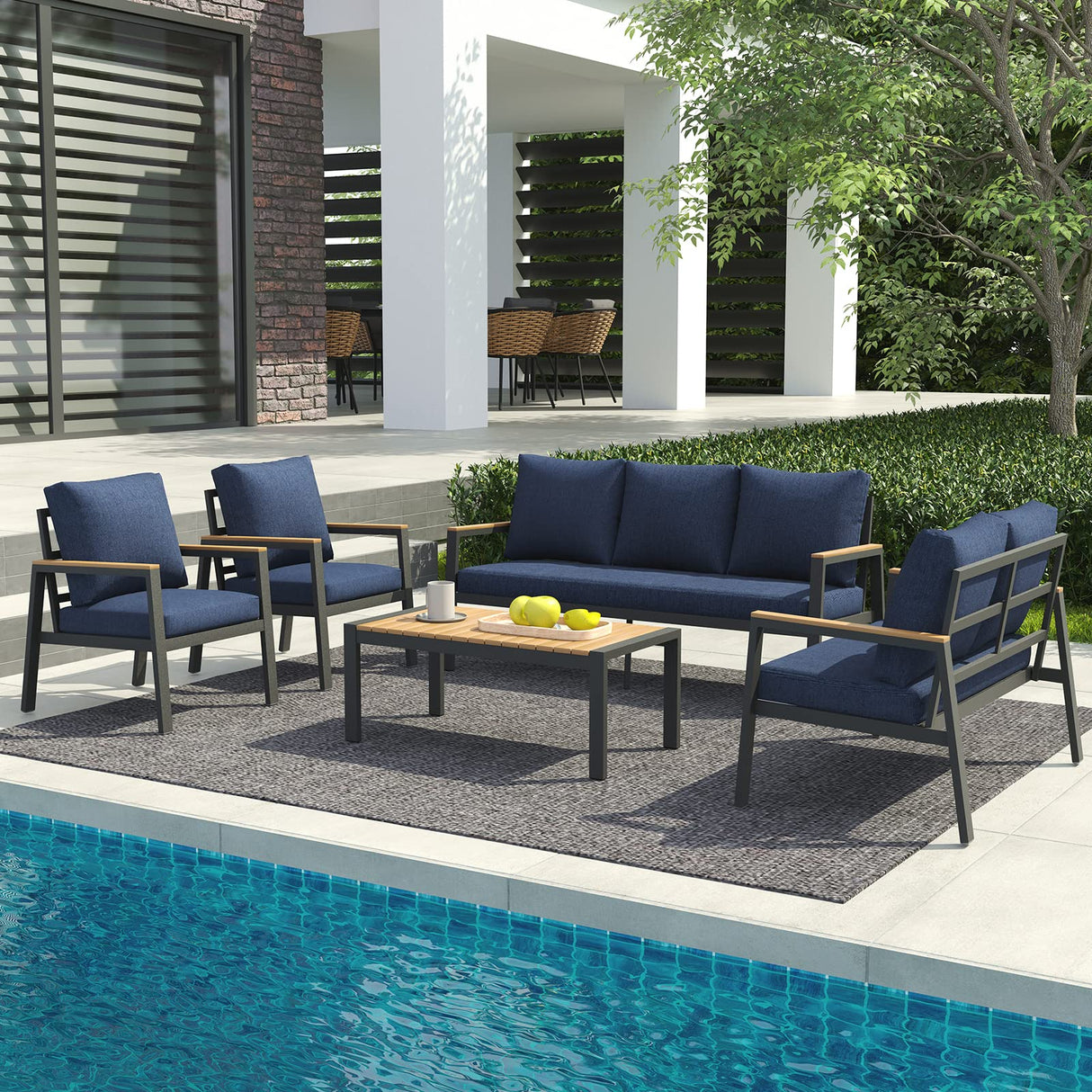 Aluminum Patio Furniture Set 5 Pieces Outdoor Conversation Set with Teak Coffee Table