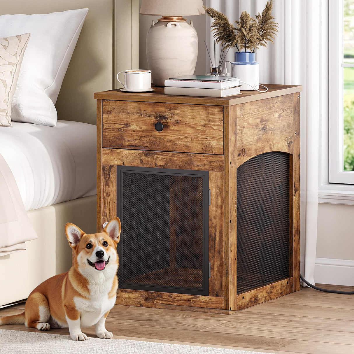 Dog Crate Furniture with Charging Station and Drawer