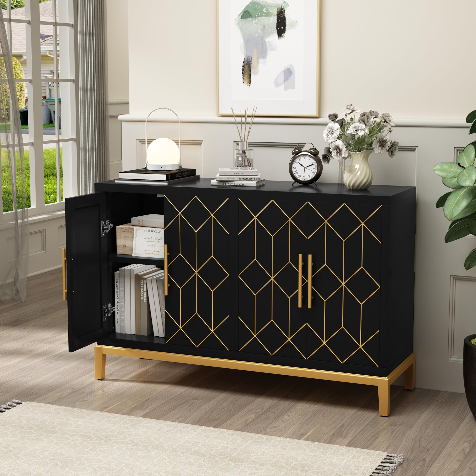 Sideboard Buffet Cabinet with 4 Doors&Shelves, Carved Decorative Accent Storage