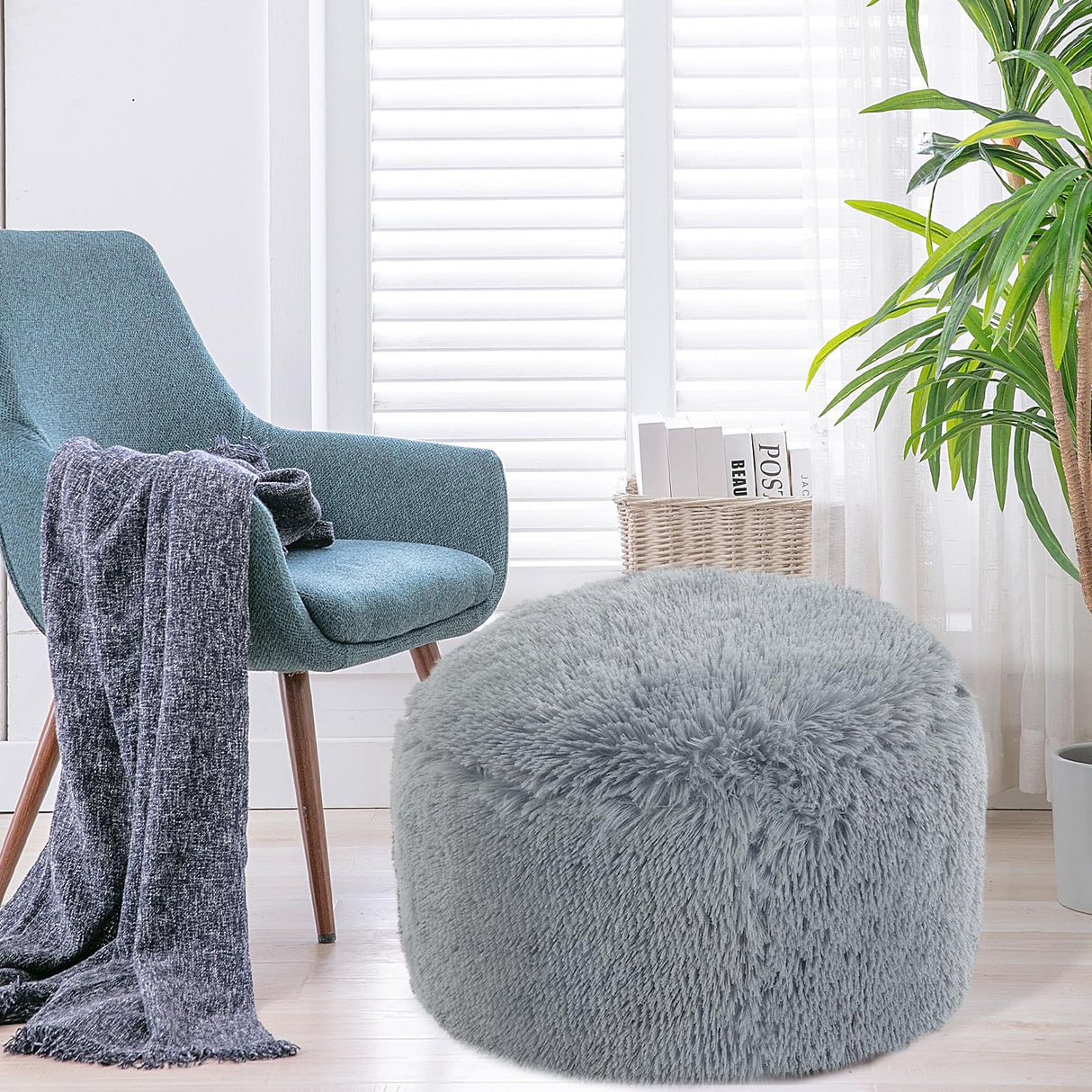 Round Pouf Ottoman Stuffed,Faux Fur Pouf Ottoman