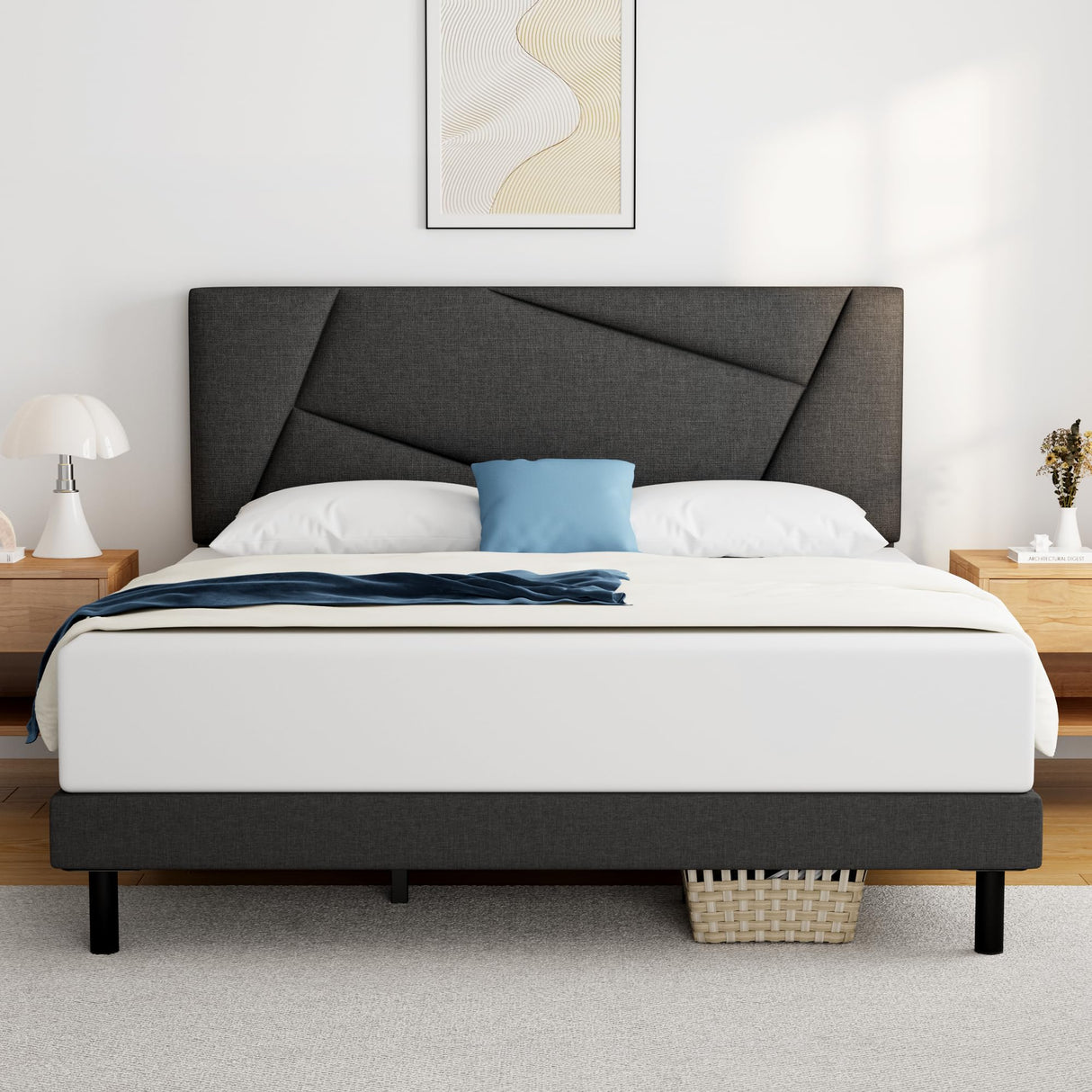 Queen Bed Frame Upholstered Platform with Headboard
